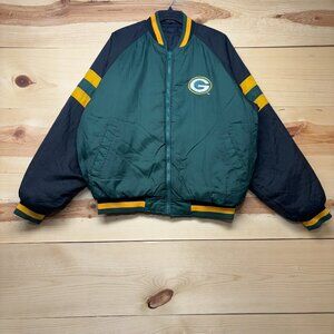 Vintage Green Bay Packers Jacket Mens Large Green Chalk Line NFL Football Puffer